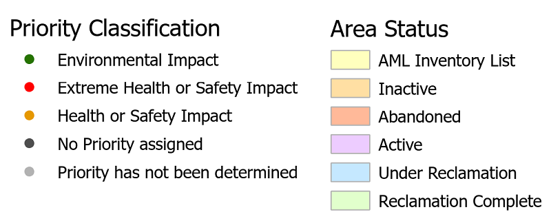 map legend: types of abandoned mines