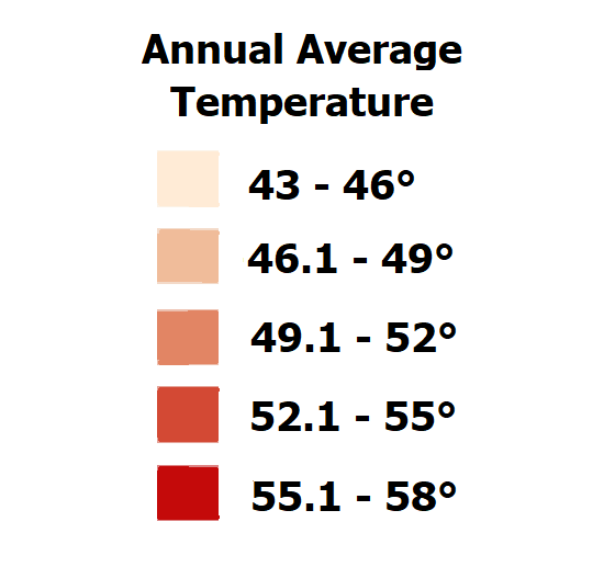 Map Legend: Temperature in PA (1981-2010)