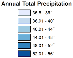 Map Legend: Precipitation in PA (1981-2010)